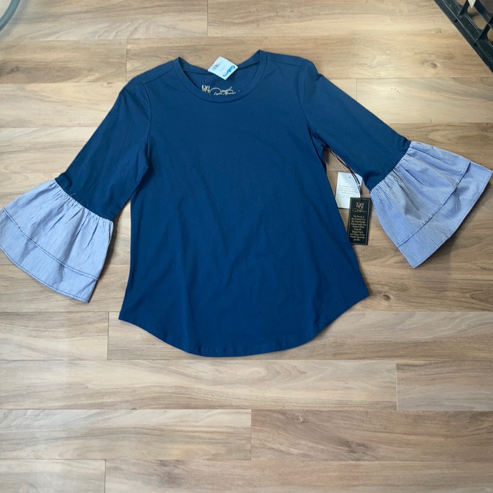DG2 navy blue top w striped ruffle bell sleeve detail boho XS - Picture 4 of 17